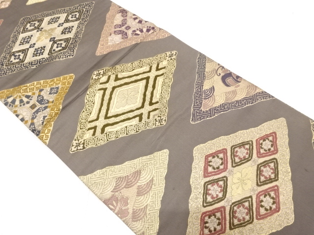 JAPANESE KIMONO / ANTIQUE MARU OBI / SILK / WOVEN RHOMBUS & FLOWER